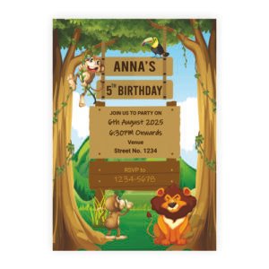Jungle Animals Birthday Invitation Template with monkey lion and tropical forest theme