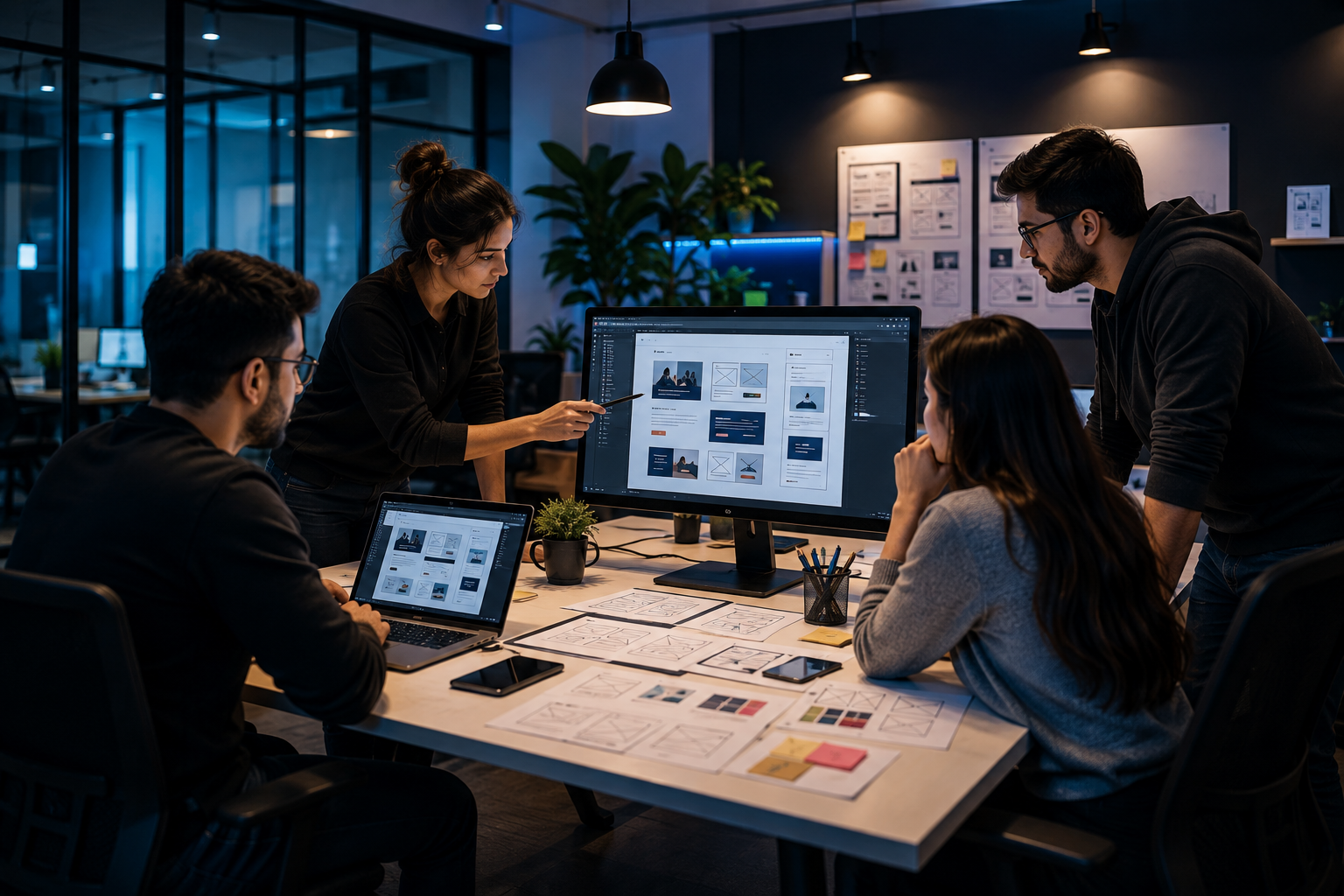 Professional web design team collaborating on UI/UX design and WordPress website development in a modern office.