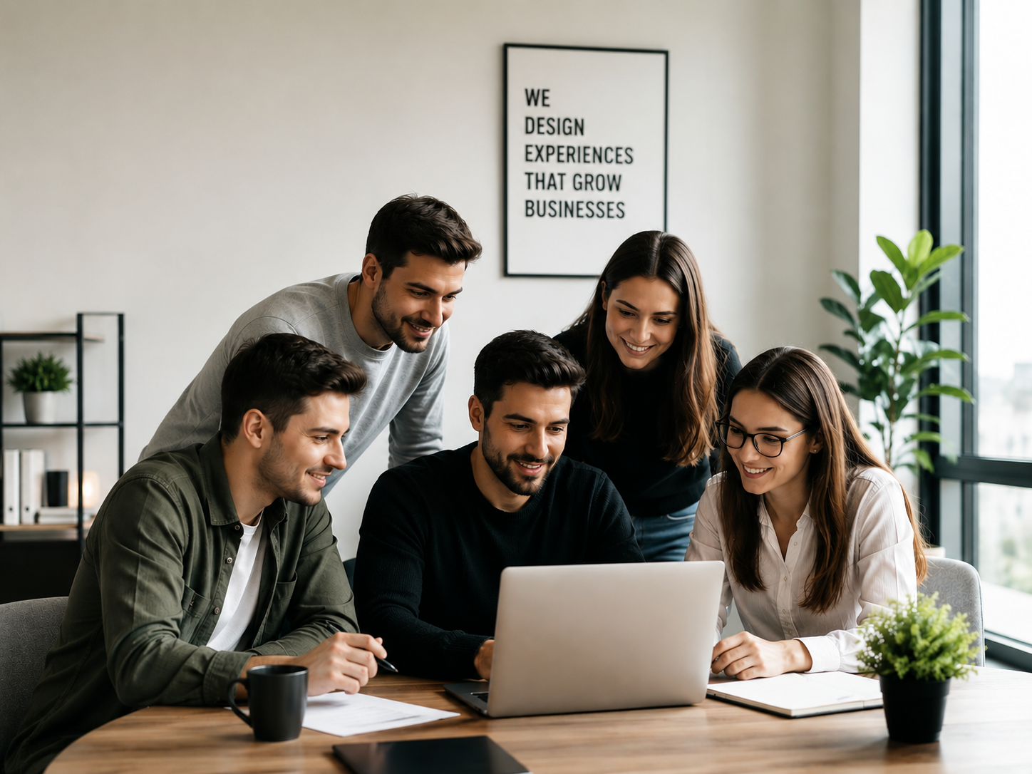 A professional web design and WordPress development team collaborating in a modern office while planning a business website project.