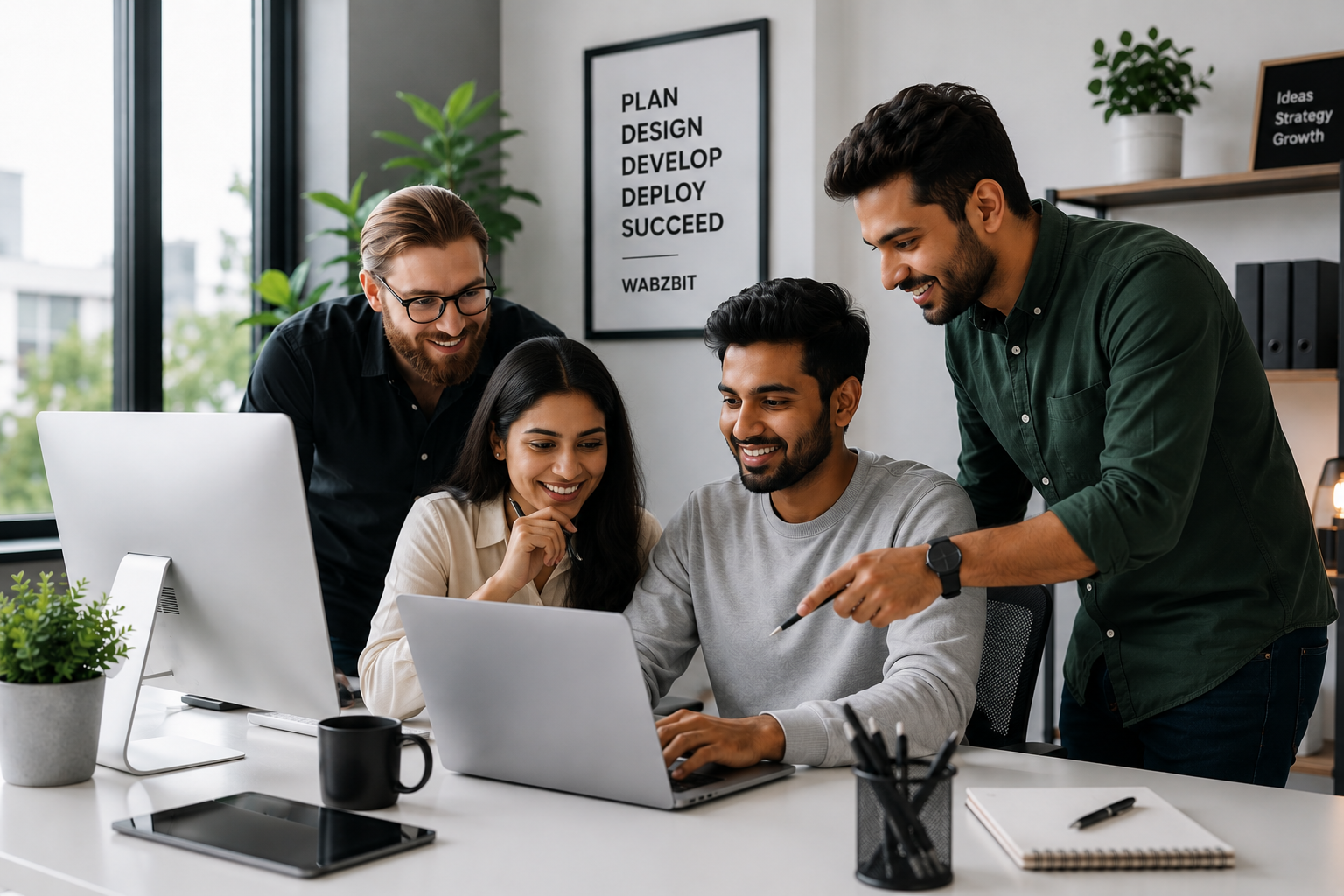 Professional web design team discussing a client website project while collaborating around a laptop in a modern office.