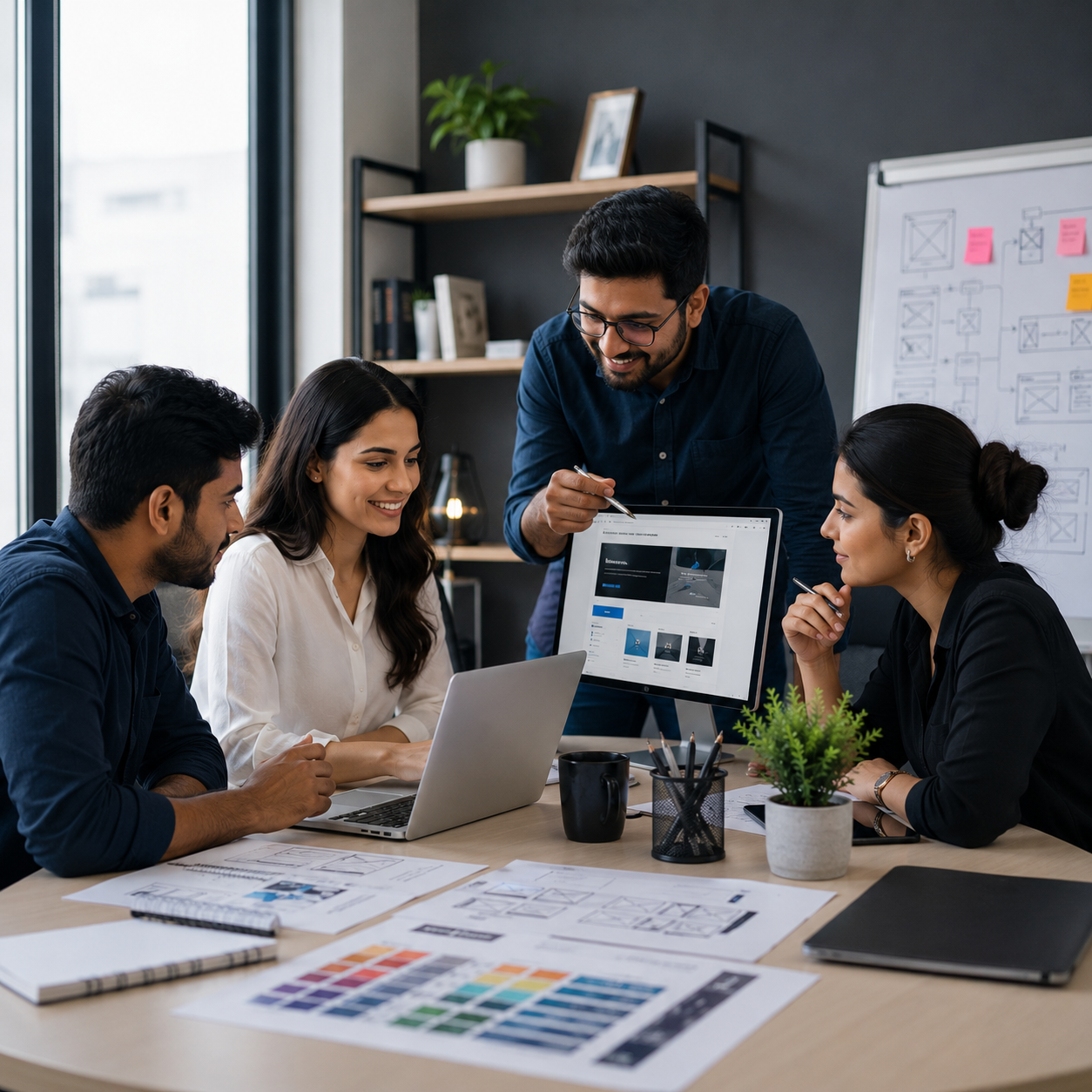 Professional web design team collaborating on website design, WordPress development, and digital solutions in a modern office.