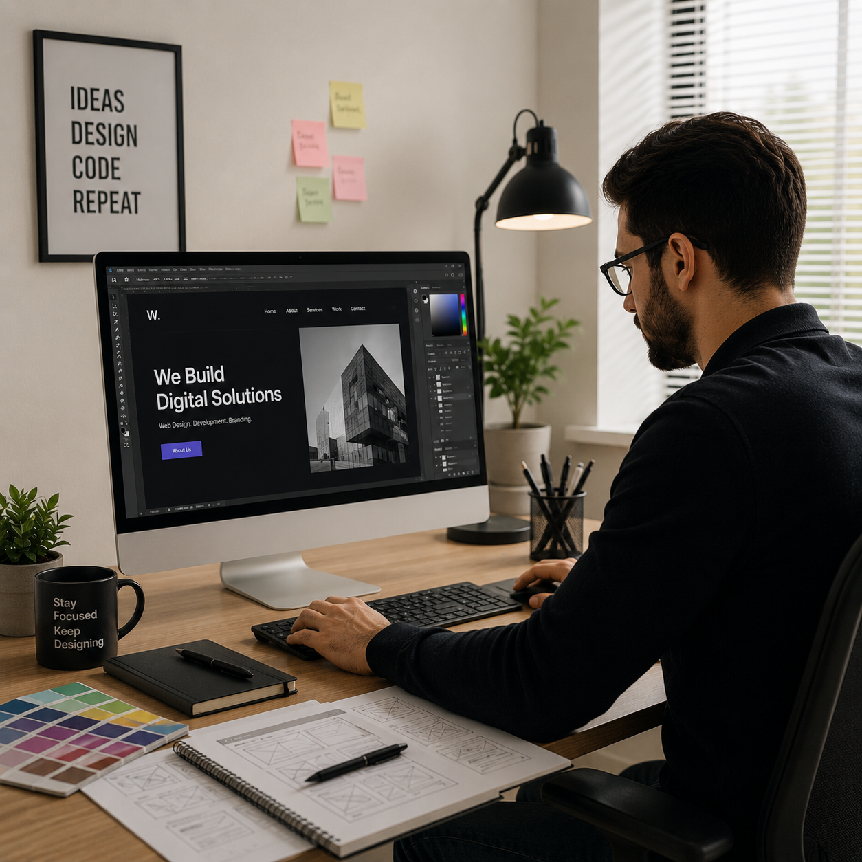 Professional web designer working on website design and WordPress development in a modern office workspace.