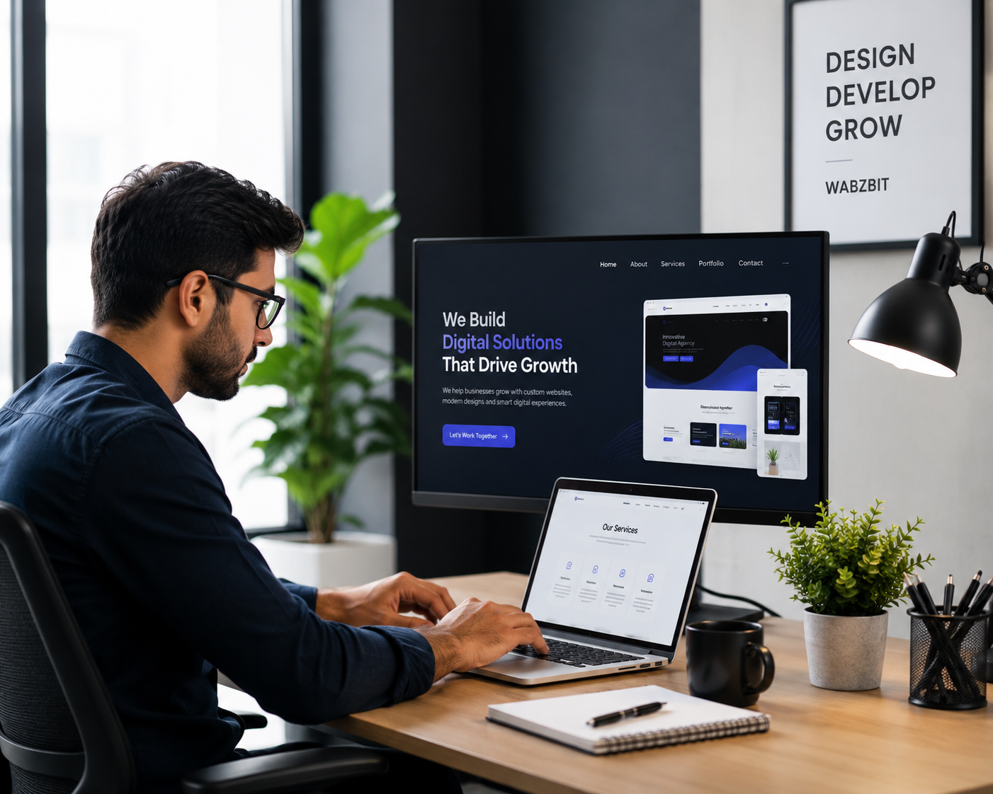 Professional web developer working on a laptop and desktop computer while creating responsive business websites in a modern office.